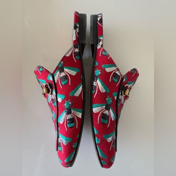 Gucci Red Bumble Bee Print Princetown Brocade Flat Mule Slides Shoes EU 39 US 9 - Picture 7 of 8